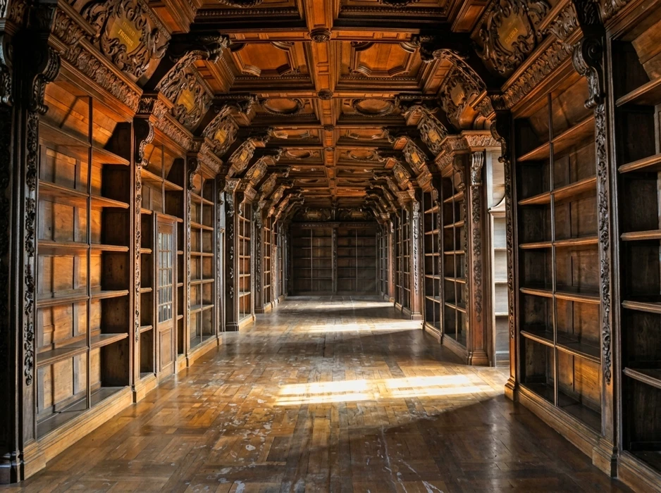 Couloir de bibliothèque baroque vide, entièrement lambrissé en bois sculpté foncé