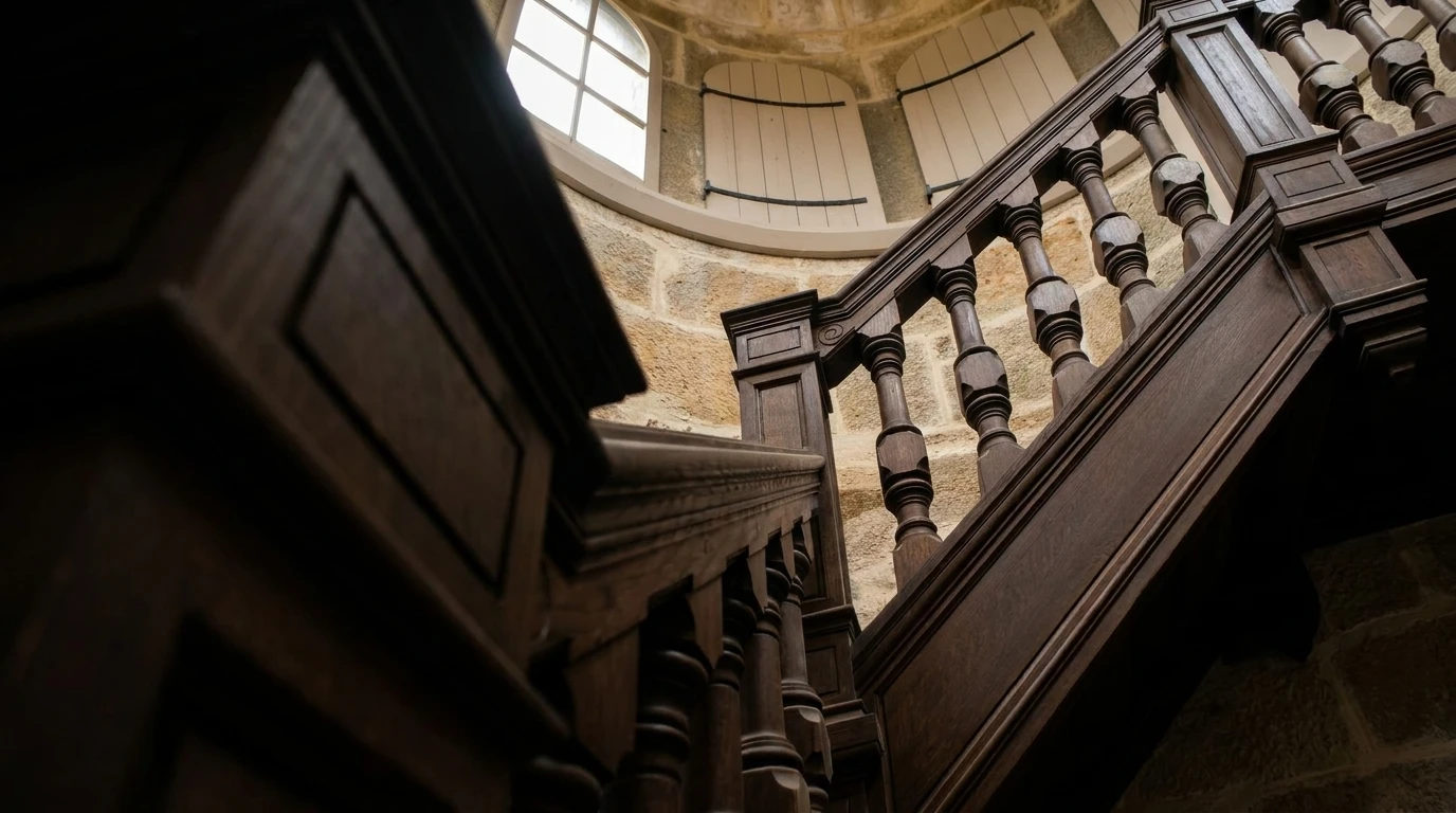 Escalier monumental intérieur en bois sombre, vue en contre-plongée