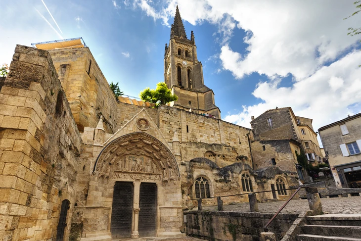 Old monolithic church in the Saint Emilion village near Bordeaux, France