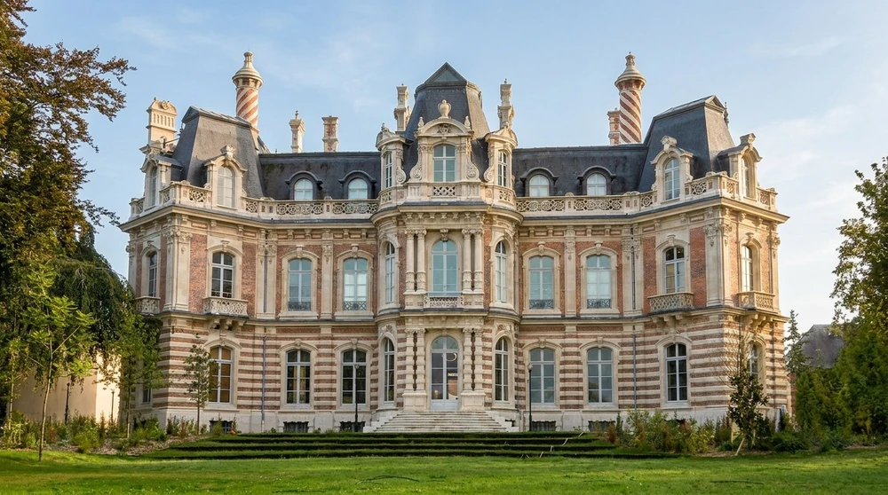 Château français de style Second Empire, façade en brique rose et pierre blanche à bossages alternés, trois niveaux, toiture à la Mansart en ardoise avec lucarnes ornementées, tourelles d'angle, cheminées torsadées, balustrades en fer forgé, fronton central sculpté, escalier de perron en marbre blanc, parc paysager avec pelouse tondue