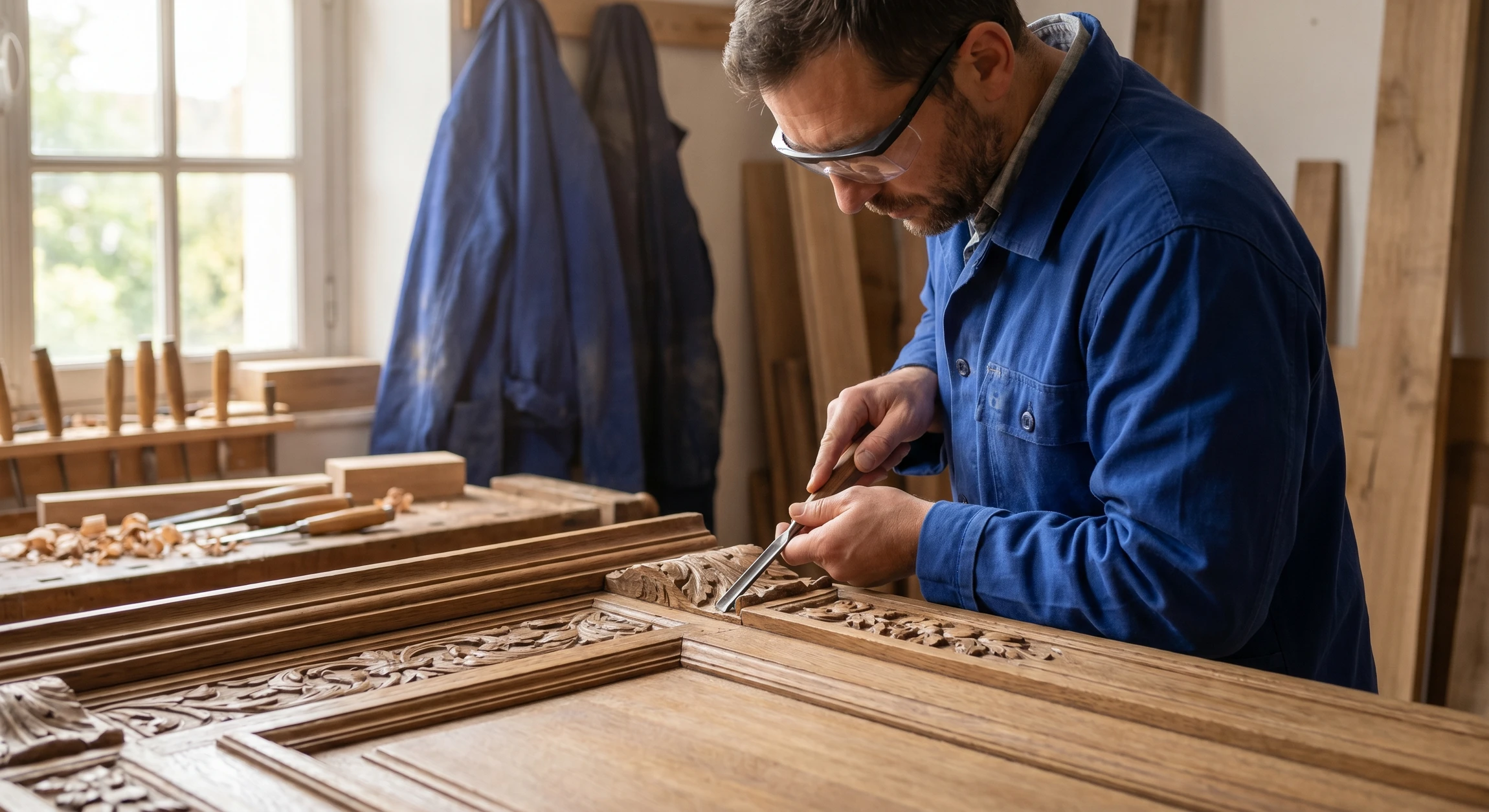 Gros plan détaillé d'un menuisier portant des vêtements de travail traditionnels, travaillant précisément à l'établi sur une menuiserie ornementale de style ancien en bois massif (possible détail de moulures, panneaux décorés ou éléments typiques du patrimoine). L'atelier en arrière-plan montre des outils traditionnels et d'autres pièces de bois travaillées. La lumière naturelle met en avant la texture du bois et le savoir-faire artisanal. L'image transmet l'expertise, la tradition et le respect du patrimoine.