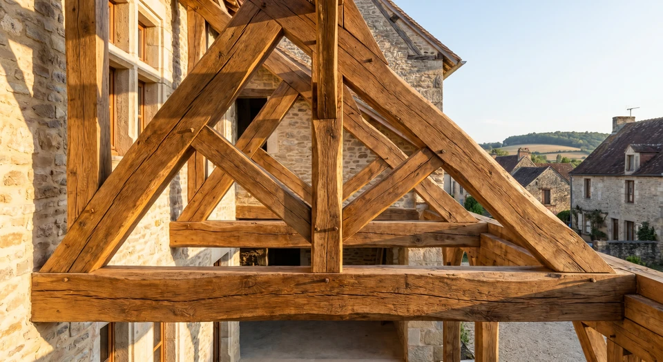 Artisan en atelier travaillant sur établi en bois, portant tablier et chemise bleue