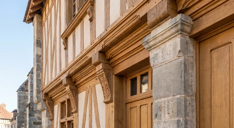 Maison à colombages traditionnelle avec façade blanche et poutres en bois apparentes, toiture en tuiles rouges, volets marrons, balcon fleuri