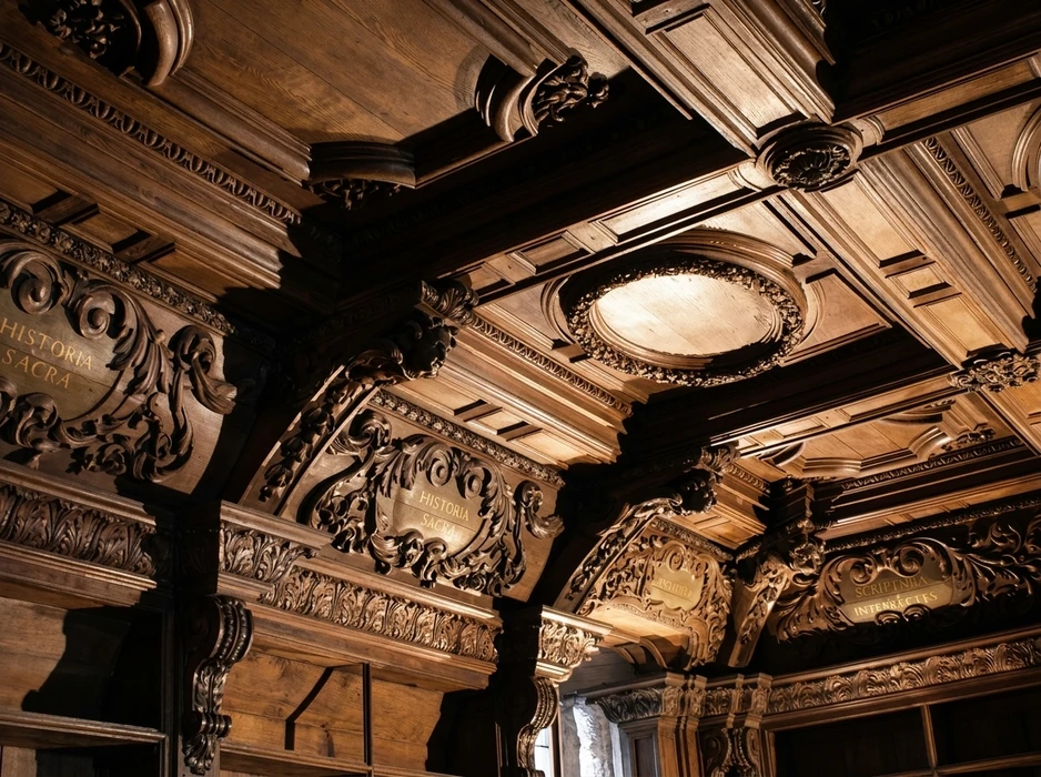 Intérieur d'une charpente traditionnelle en bois avec structure apparente