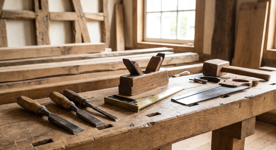 Atelier d'artisan menuisier avec établi en bois ancien, copeaux de rabotage dispersés, outils traditionnels de menuiserie