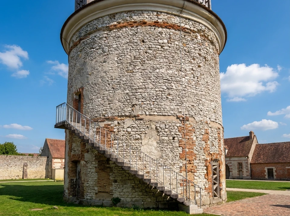 Photographie professionnelle d'un artisan charpentier ou menuisier au travail dans un site patrimonial : en gros plan ou demi-figure, manipulant des outils traditionnels (rabot, ciseau à bois) sur une structure en bois ancien, au sein d'un édifice historique ou monument avec éléments architecturaux visibles en arrière-plan. L'artisan est concentré sur son travail, sans poser pour la caméra. La composition capture l'authenticité du métier, les détails du travail précis et la noblesse du matériau ancien restauré.