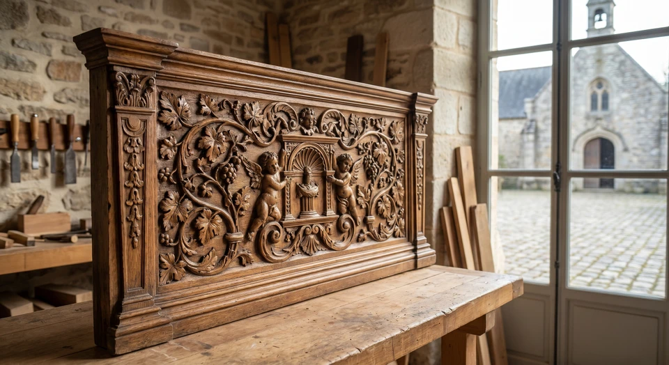 Cloître gothique d'abbaye avec galeries voûtées en arc-boutant, colonnes sculptées et jardin géométrique de buis taillés