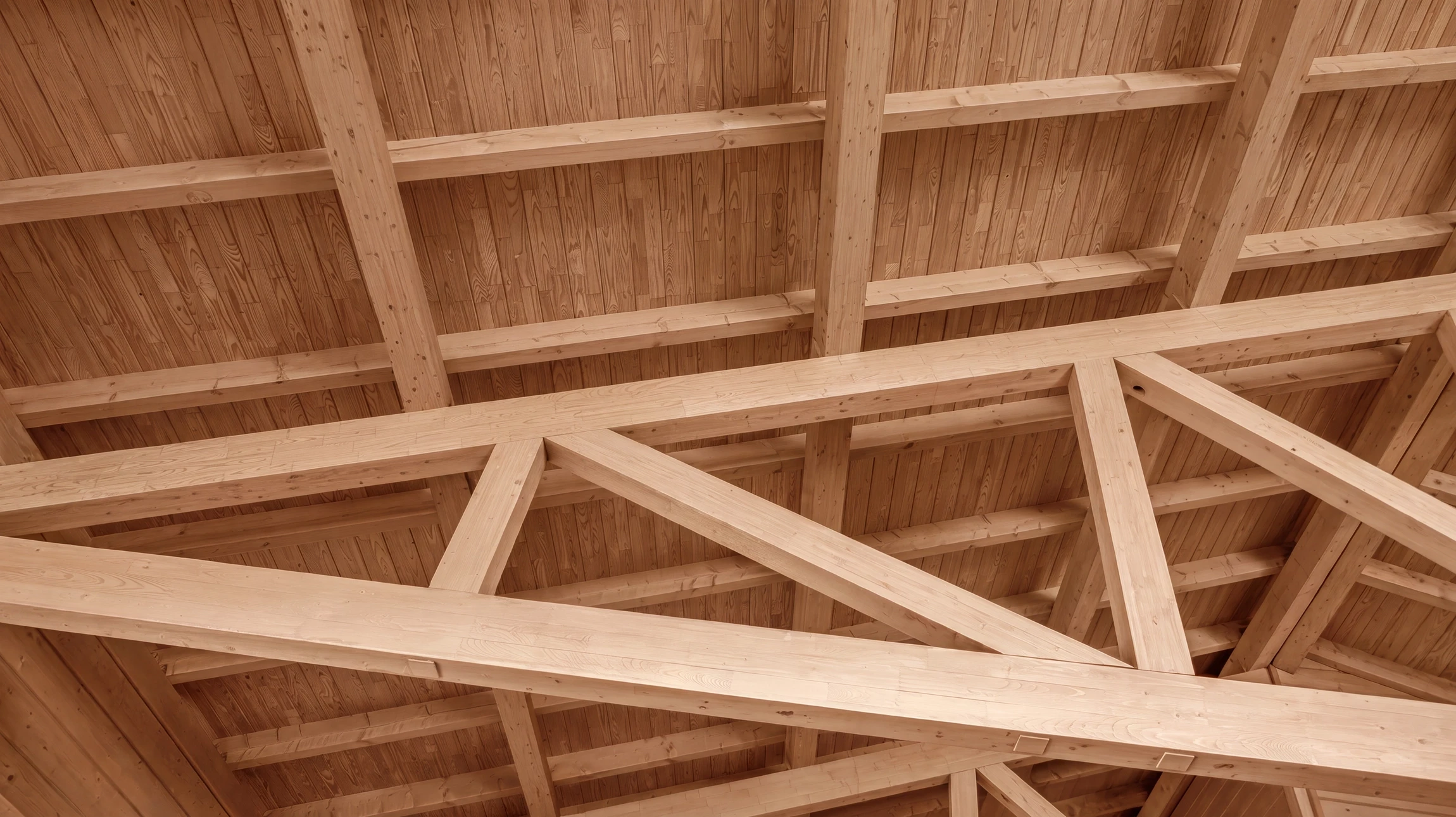 Chantier de construction extérieur avec charpente en bois en cours d'assemblage sous ciel clair, soleil visible créant des effets de lumière